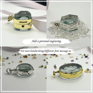 May include: Four small, personalized glass lockets with gold and silver accents. Each locket has a different shape and engraved text, including "Minnie," "The moon fascinates us in her simplicity," "Lilly Moomin," and "so it goes." The image also includes the text "Add a personal engraving" and "For own handwriting/different font message us."