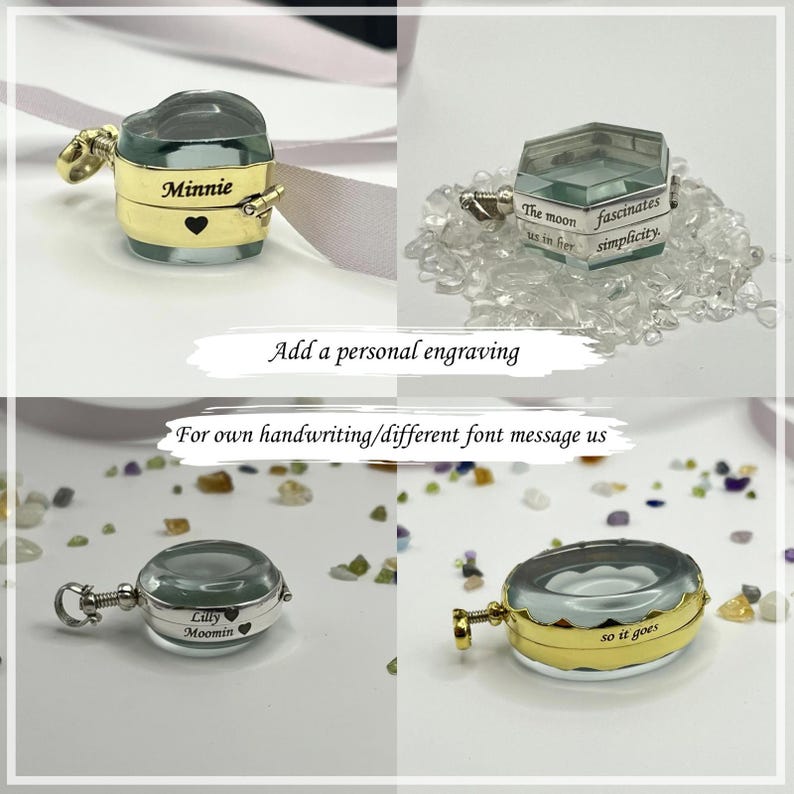 May include: Four small, personalized glass lockets with gold and silver accents. Each locket has a different shape and engraved text, including "Minnie," "The moon fascinates us in her simplicity," "Lilly Moomin," and "so it goes." The image also includes the text "Add a personal engraving" and "For own handwriting/different font message us."