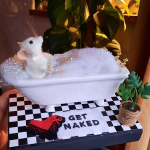 Real Mouse in bath tub Fun anthropomorphic taxidermy. Mouse with glass of wine