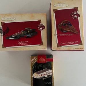 Hallmark Keepsake Ornaments-Vintage 1992 Shuttlecraft Galileo; 2003-NEW-The Scorpion; 2004 Vulcan Command Ship