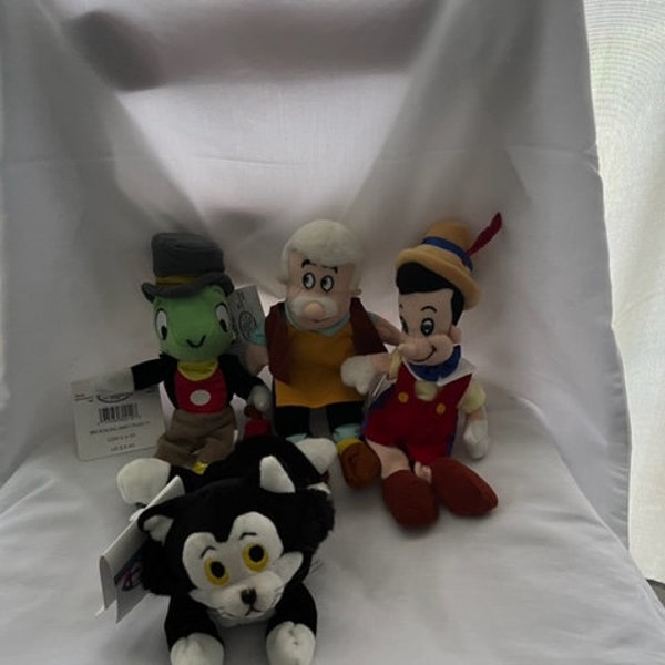 New Disney Character Pinocchio Mini Bean Bag Plushies, Includes Jimmy Cricket, Pinocchio, Geppetto, Figaro