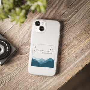May include: White phone case with a blue mountain silhouette and the text "Leavenworth, Washington".