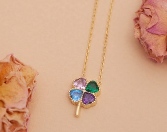 Dainty Gold Four Leaf Birthstone Necklace, Custom Birthstone Shamrock Pendant, Personalized Mom Jewelry, Gemstone Necklace, Mother Day Gift