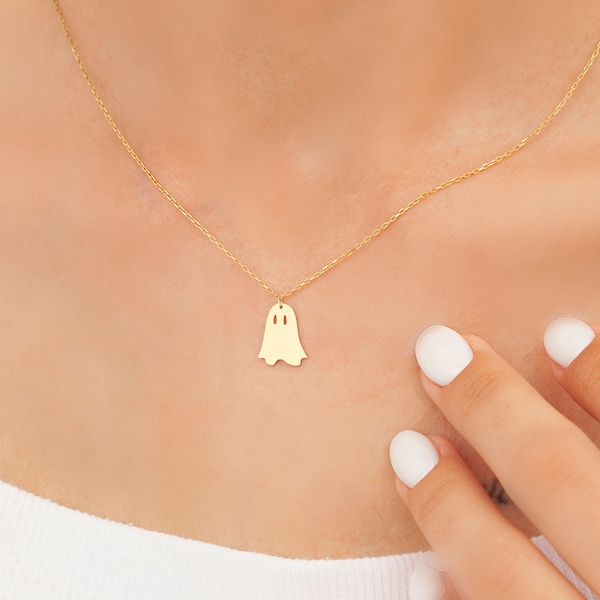 Friendly Ghost Boo Necklace, Cute Halloween Gifts, Gold Ghost Necklace, Cute Spooky Boo Emoji Necklace, Halloween Jewelry, MTG013