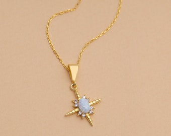 Gold Opal Star Necklace, Dainty jewelry for women, Christmas Gifts for Her, White stone star necklace, gift for her, North star necklace
