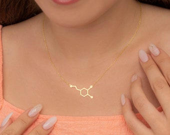 14K Gold & Silver Dopamine Necklace, Happiness Molecule Pendant, Sicience Symbol Jewelry, Biochemistry Molecule Love Signal Pendant, MDN011