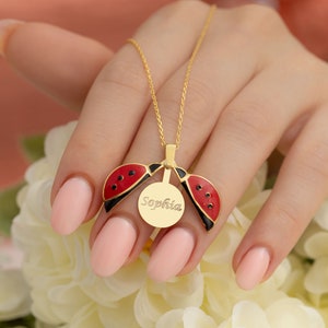 Gold Customized Ladybug Necklace, Cute Name Necklace, Personalized Ladybird Pendant, Gifts for Mother, Ladybug Name Necklace, Red Jewelry.