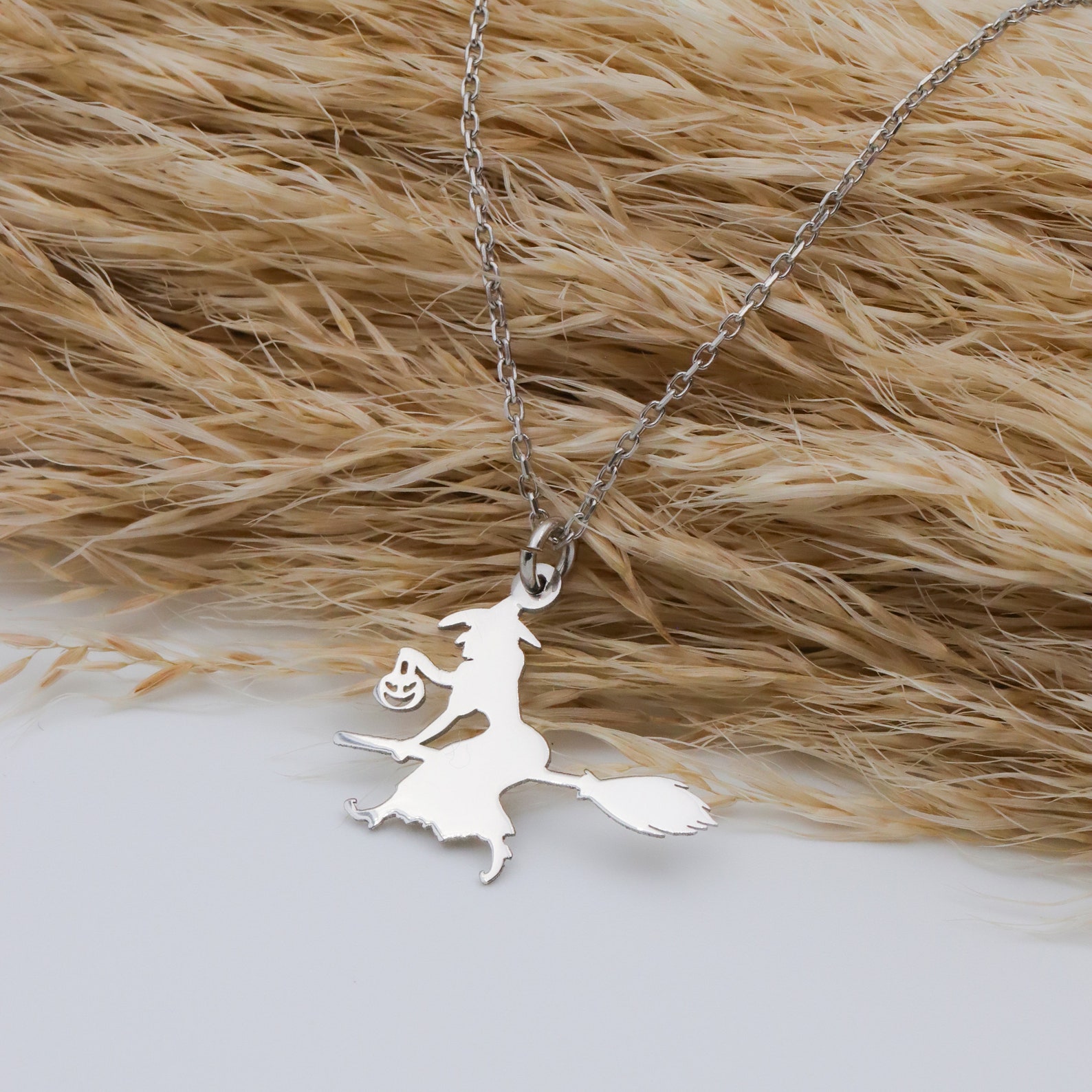 14K Gold Halloween Witch Necklace, Spooky Witch With Broom, Dainty ...