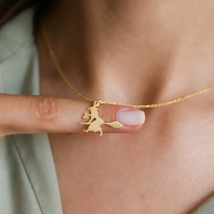 14K Gold Halloween Witch Necklace, Spooky Witch with Broom, Dainty Black Cat Witch Necklace, Halloween Gifts for Kids, MHW1