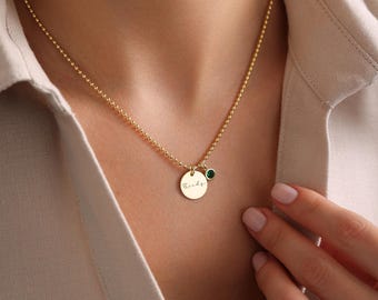 Custom Birthstone Name Necklace for Mom, Gold Disc Name Necklace, Personalized Birthstone Jewelry for Grandma, Dainty Birthstone Pendant