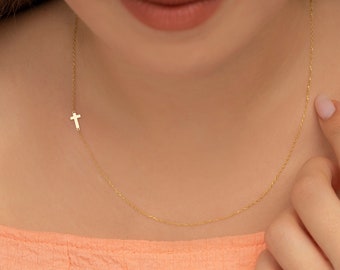 Gold Sideways Cross Necklace, Mini Cross Pendant, Christian jewelry, Gift for Christmas, Dainty Cross Jewelry, Gift for her, Side Cross
