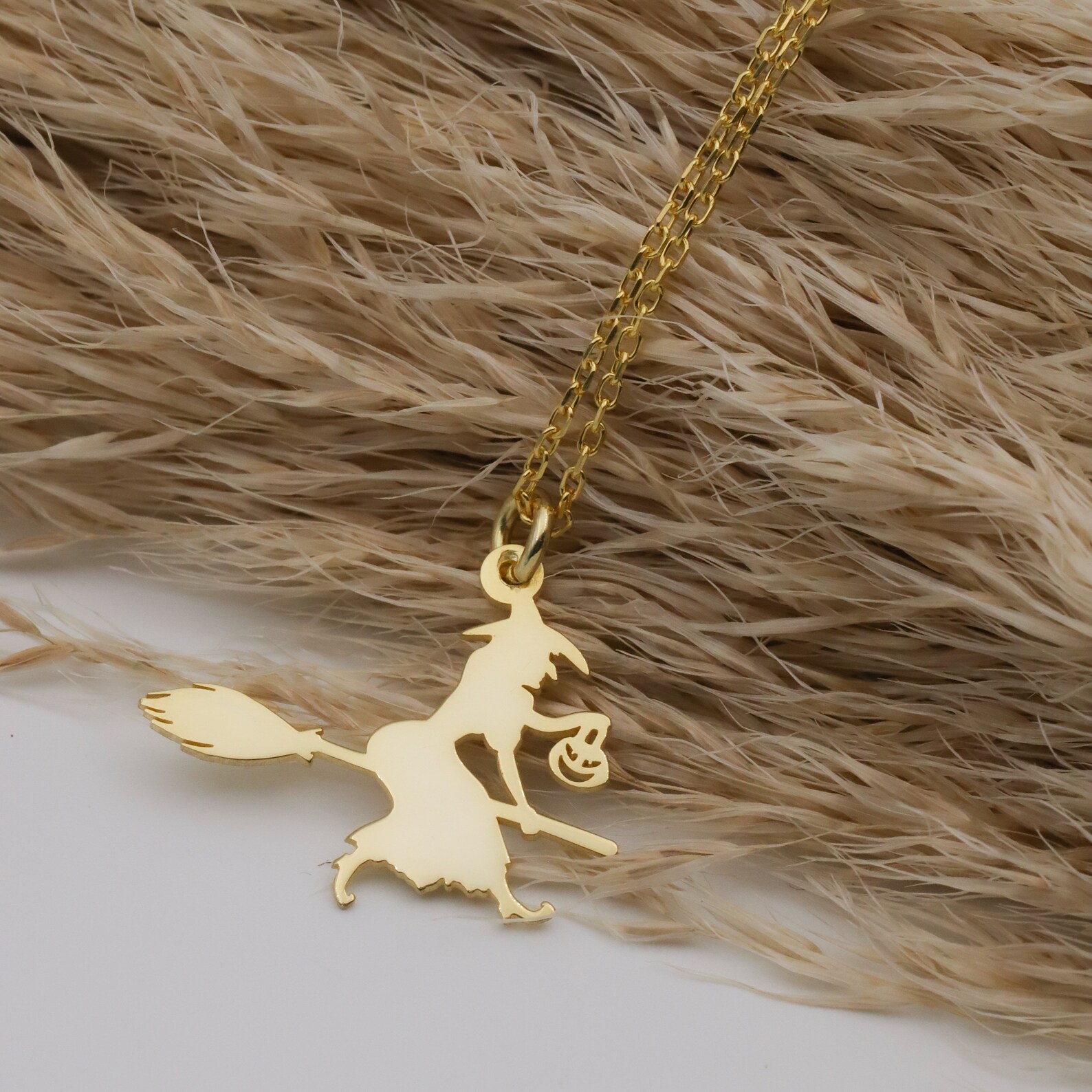 14K Gold Halloween Witch Necklace, Spooky Witch With Broom, Dainty ...