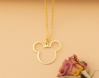 Cute Mickey Mouse Gold Necklace, Silver Disney Character Mouse Necklace, Dainty Mouse jewelry, Delicate Christmas Pendants, Gift for Kids