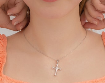 Silver Big Dainty Cross Necklace, Diamond Cross Necklace, Gift for Christmas, First Communion or Baptism Gifts, Gold Religious Jewelry