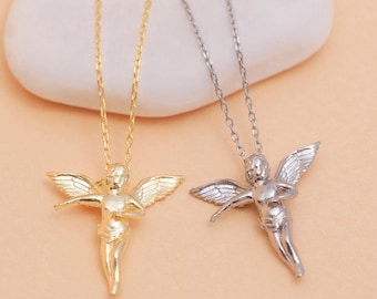 Gold Angel Necklace, Angel Wings Jewelry, Silver Cherub Necklace, Angel Baby Jewelry, Dainty Angel Pendant, Gift for Woman, Christmas Gift