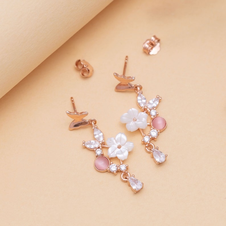 Dainty Butterfly Earrings Dangle, Gold Sakura Earrings, Korean Jewelry, Cute Flower Earrings, Mother's Day Gift, Minimalist Butterfly image 4