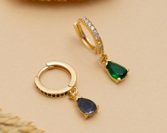 Gold Dangle Emerald Earrings, Diamond Huggie Hoop Earrings, Blue and Green Dangle Earring, Sapphire, Emerald Earring,  Mother in Law Gifts