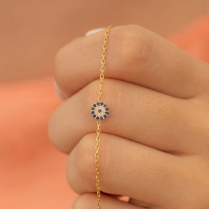 14K Gold Tiny Evil Eye Chain Bracelet, Silver Protection Charm Bracelet, Nazar Jewelry for Mom, Evil Eye Jewelry, Blue Eye, Gift for Mom