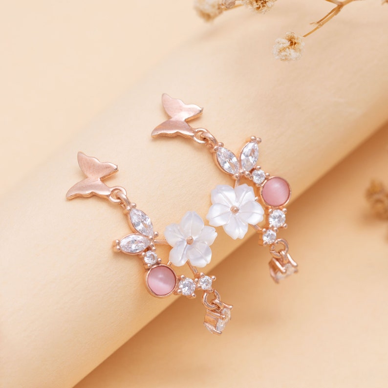 Dainty Butterfly Earrings Dangle, Gold Sakura Earrings, Korean Jewelry, Cute Flower Earrings, Mother's Day Gift, Minimalist Butterfly image 5