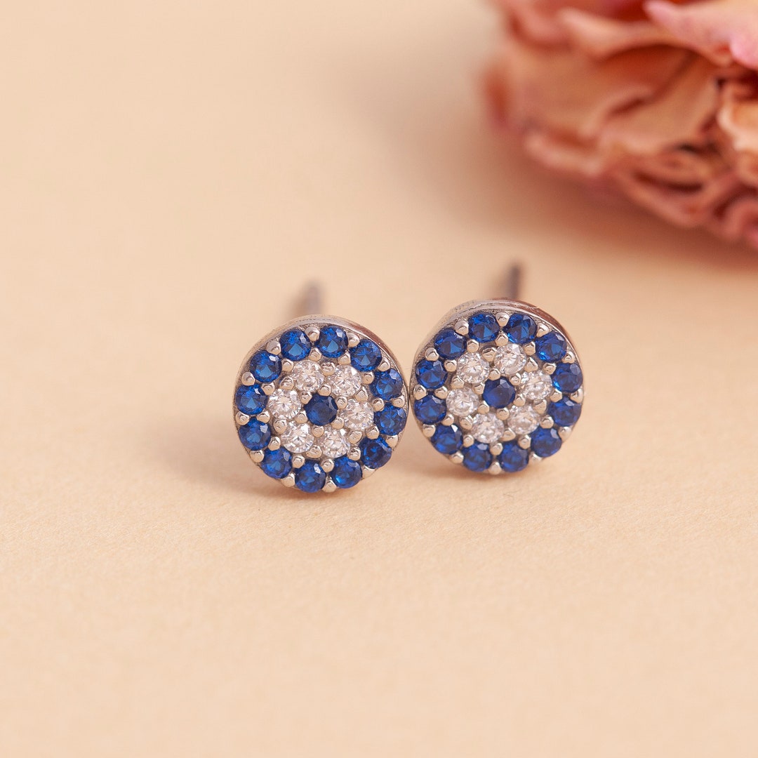 14K Solid Gold Evil Eye Stud Earrings, Real White Gold Kabbalah Studs ...