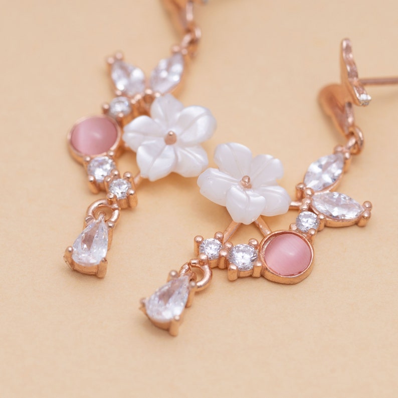 Dainty Butterfly Earrings Dangle, Gold Sakura Earrings, Korean Jewelry, Cute Flower Earrings, Mother's Day Gift, Minimalist Butterfly image 2