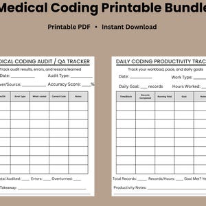 May include: A Medical Coding Printable Bundle featuring two white document templates. The left sheet is a Medical Coding Audit / QA Tracker with columns for code, error type, and notes. The right sheet is a Daily Coding Productivity Tracker.