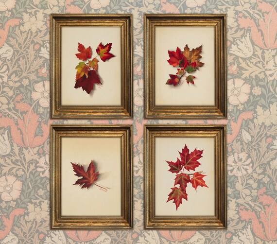 Victorian Autumn Leaves Wall Art Set of 4 Antique Watercolor Etsy