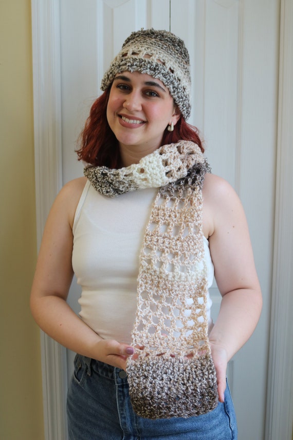 Handcrafted Beige and Brown Knit Scarf and Hat Set Beige Scarf and Hat Set for Women Wool Beanie Hat Beige  main image 4