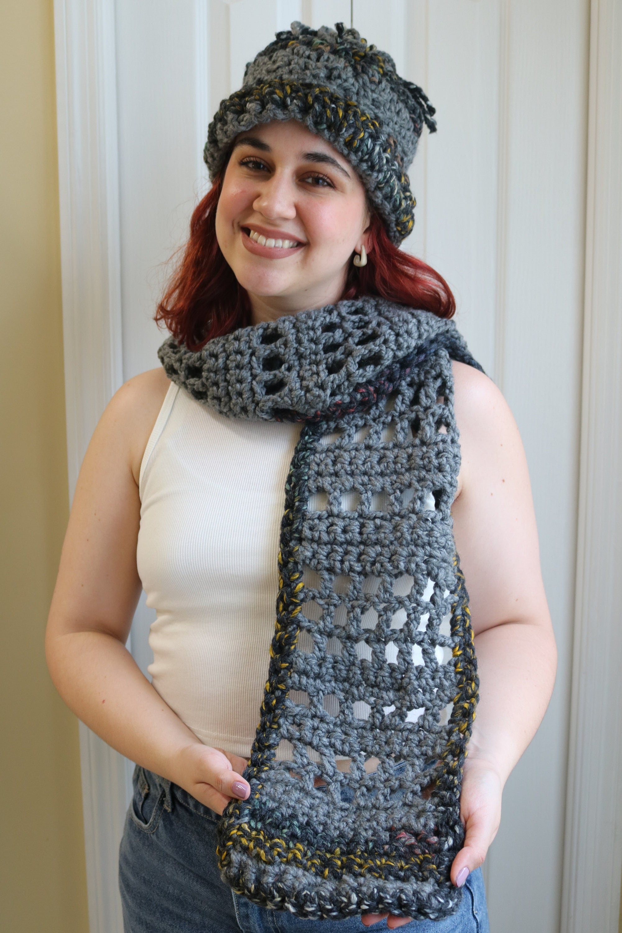 Gray Multicolored Handmade Scarf + Hat Set [#17] | Elegant  display picture 2