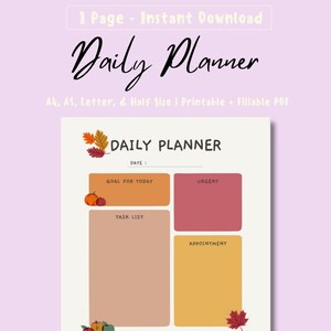 Fall Pastel Daily Planner Printable, Daily To Do List, Productivity Planner, Daily Schedule, Instant Download, A5/A4/Letter/Half Letter