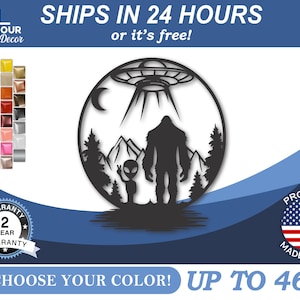 Metal Bigfoot and Grey Wall Art | Sasquatch Alien UFO Metal Sign | Paranormal Home Decor | 22 Color Options