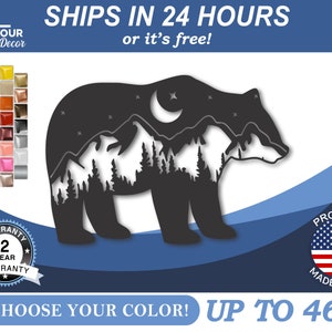 Metal Bear Mountain Wall Art | Bear and Mountain Landscape Metal Wall Art | 22 Color Options