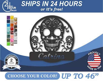 Metal Custom Sugar Skull - Powder-Coated Steel Wall Decor | Indoor Outdoor | 16 Gauge | 12In-46In