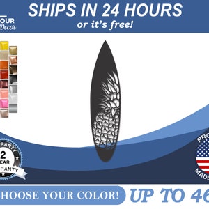 Metal Pineapple Surfboard Wall Art - Metal Tropical Beach Sign - 22 Color Options