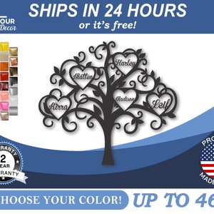 Custom Metal Family Tree Wall Art (5 Names) - 22 Color Options