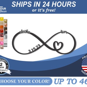 May include: Black metal infinity symbol with a heart in the center. The names "aleisha" and "tom" are written on the symbol, along with the date "3.15.23". The symbol is up to 46 inches in size.  The image also shows a variety of colors to choose from.