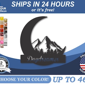 Metal Crescent Moon Mountain Wall Art | Moon and Mountain Metal Landscape | 22 Color Options