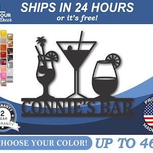 Custom Metal Cocktail Wall Art - Metal Cocktail Bar Sign - 22 Color Options