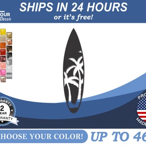 Metal Palm Tree Surfboard Art | Metal Tropical Surfboard Decor | 22 Color Options
