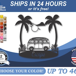 May include: Black metal wall art featuring a vintage van with palm trees and the word "Escape". The art is available in a variety of colors and sizes up to 46 inches.