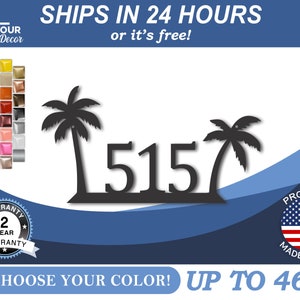 May include: Black metal house number plaque with the number 515, featuring two palm trees on either side of the numbers. The plaque is up to 46 inches in size and comes with a 2-year warranty.  Ships in 24 hours or it's free!  Choose your color.