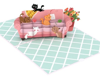 Pop Up Karte 3D Katzen auf Sofa spaß Grußkarten 15x20 cm