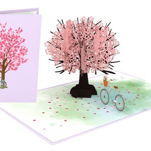 Carte pop-up Cerisier avec vélo, carte cadeau, cartes de vœux, 15 x 20 cm