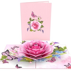 Biglietto pop-up 3D Love Bella rosa rosa con farfalla 15 x 20 cm