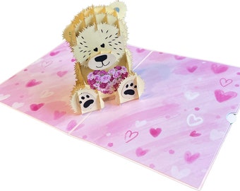 Pop-Up Card 3D Card Bear Bear Heart Flowers Love 15 x 20 cm