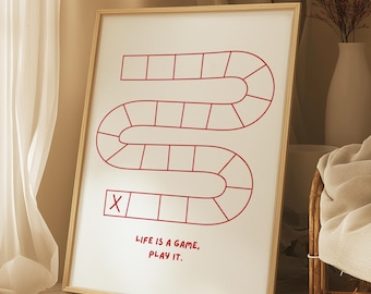 Life Is A Game Board Print, Fun Saying, Red Wall Art (Digital Download)