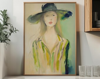 Abstract Woman in Sun Hat Art Print, Soft Brushstrokes (Digital Download)