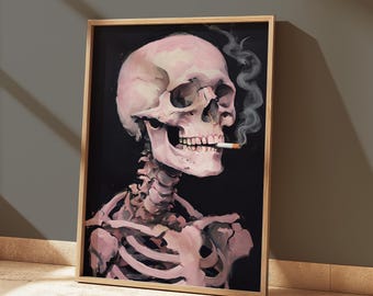 Pink Smoking Skull Art Print, Gothic Wall Decor (Digital Download)