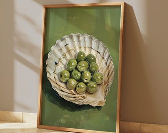 Green Olives Shell Art Print, Mediterranean Food Decor (Digital Download)