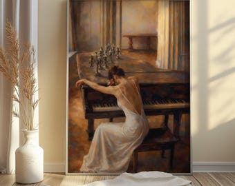 Woman at Piano Wall Art, Vintage Romantic Painting, Classical Music Decor (Digital Download)